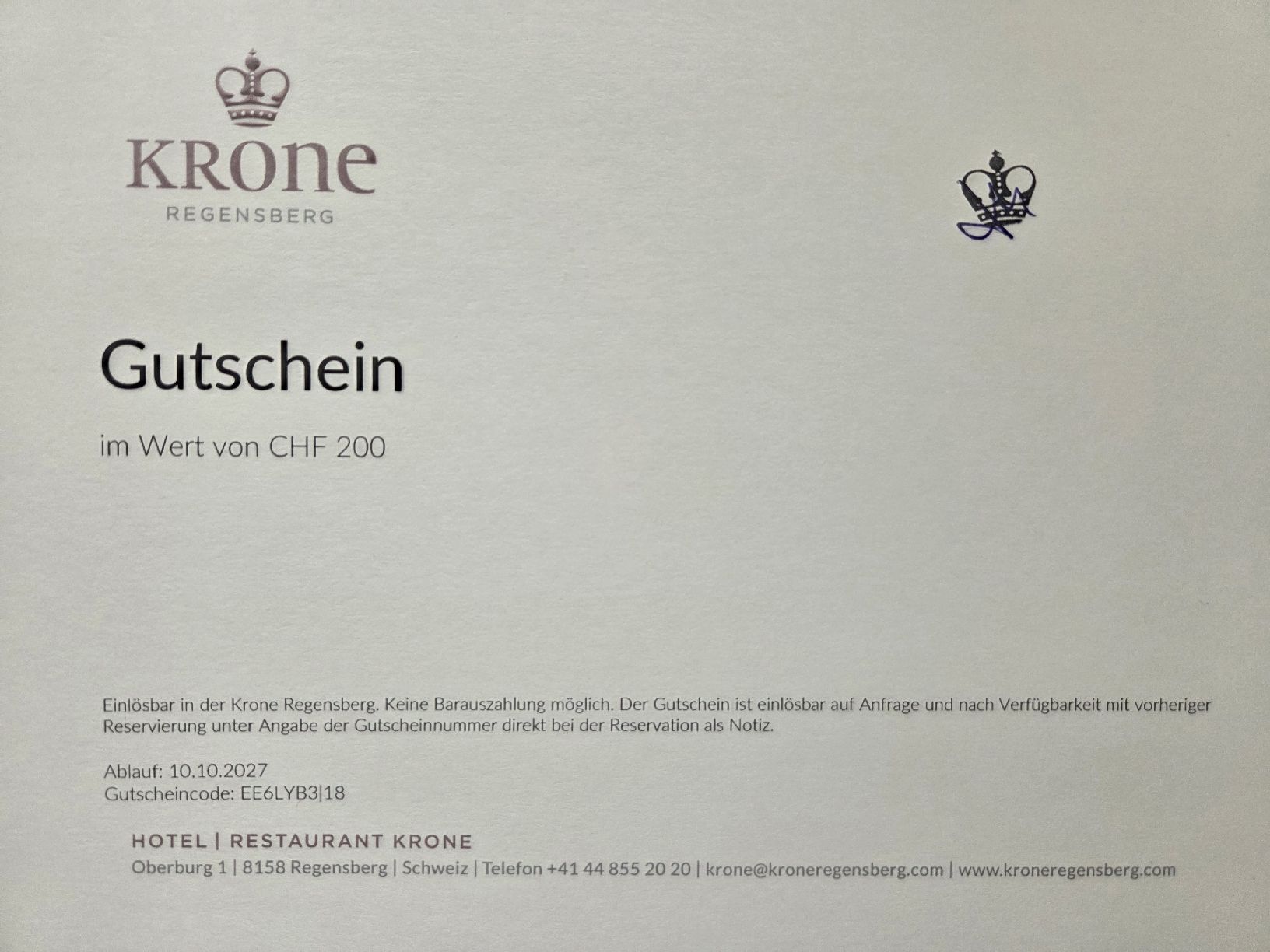 Buoni: **** Hotel/ Restaurant Krone Regensberg – Nuovo e nell'imballaggio originale da Rottenschwil venduto da Kate77