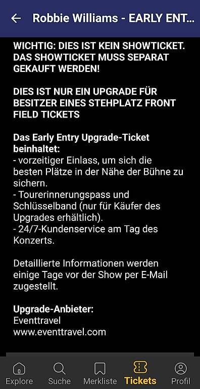 Billets: Early Entry Upgrade Ticket Robbie Williams 10.9.2026 – D'occasion à Oberrohrdorf par Pachira 1