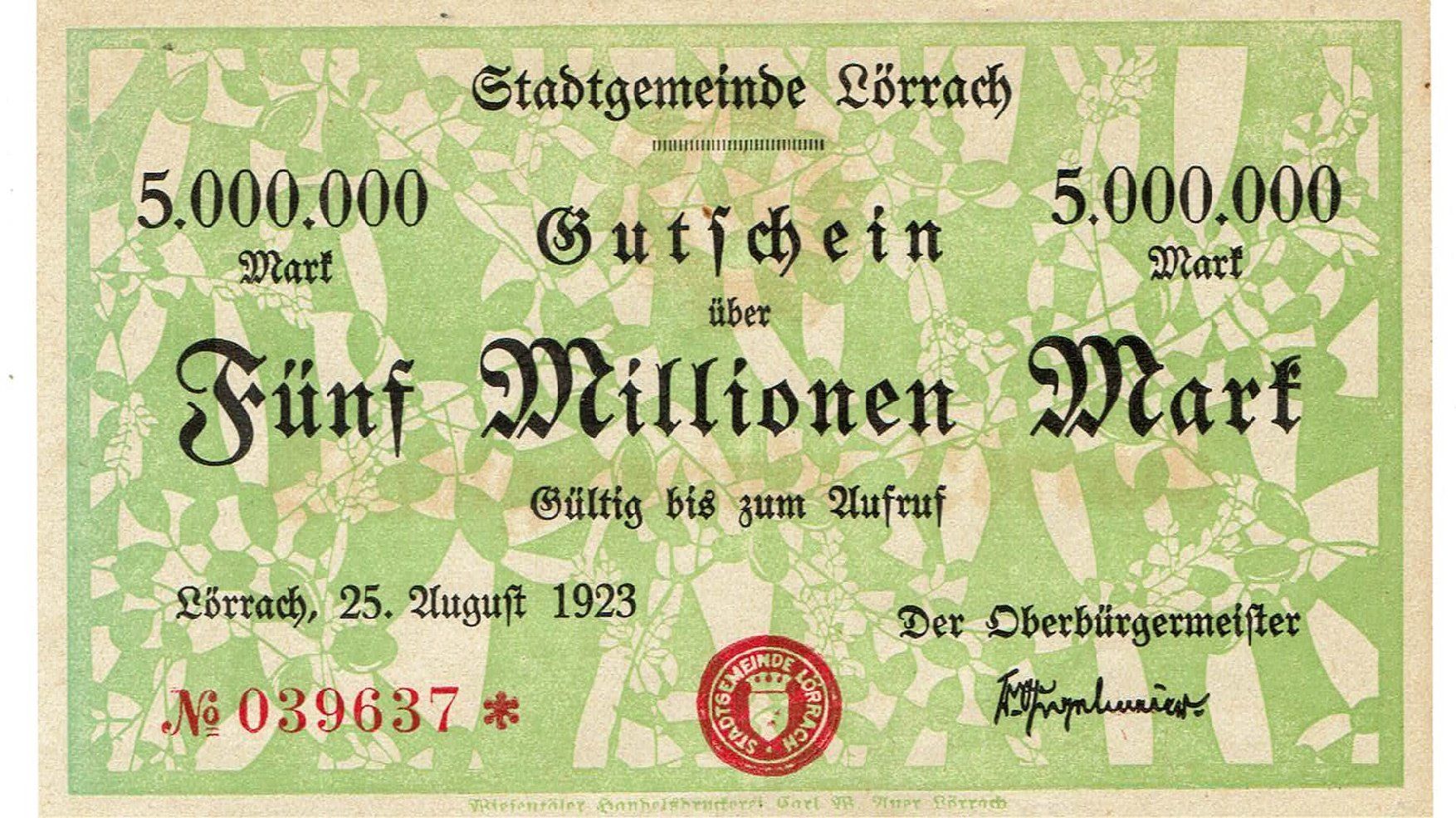 Banconote: Lörrach 5 Mil.Mark 25.08.1923 VZ+-VZ++ – Usato da Steffisburg venduto da ber_8htf