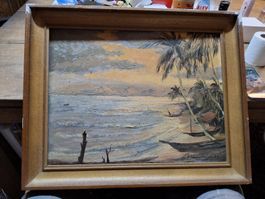 Ölgemälde H. Leuenberger 1973 Strandmotiv mit Holzrahmen