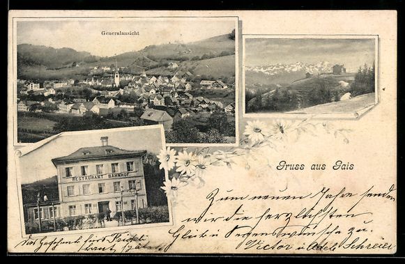 Cartoline postali: Gais, Restaurant Bahnhof, Ortsansicht mi – Usato da Berlin venduto da bartko-reher