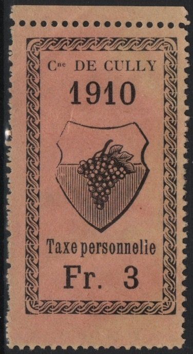 Alle Briefmarken: 3 Fr. Fiskalmarke der Gemeinde CULLY - 1910 – Gebraucht aus Eglisau von Chperfins
