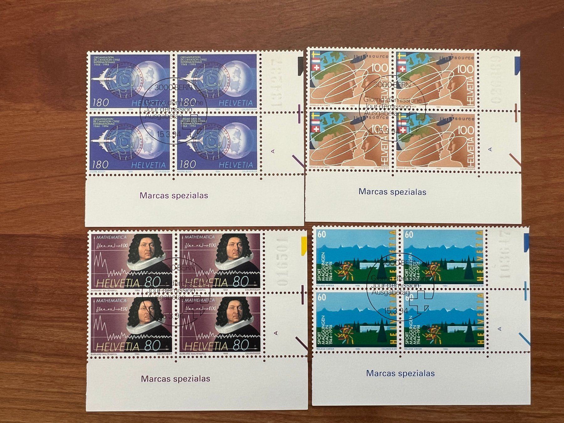 Tutti i francobolli: 1994  CH Erstag gest.Viererblock mit Tab  (K98) – Usato da Hinwil venduto da Sidi4
