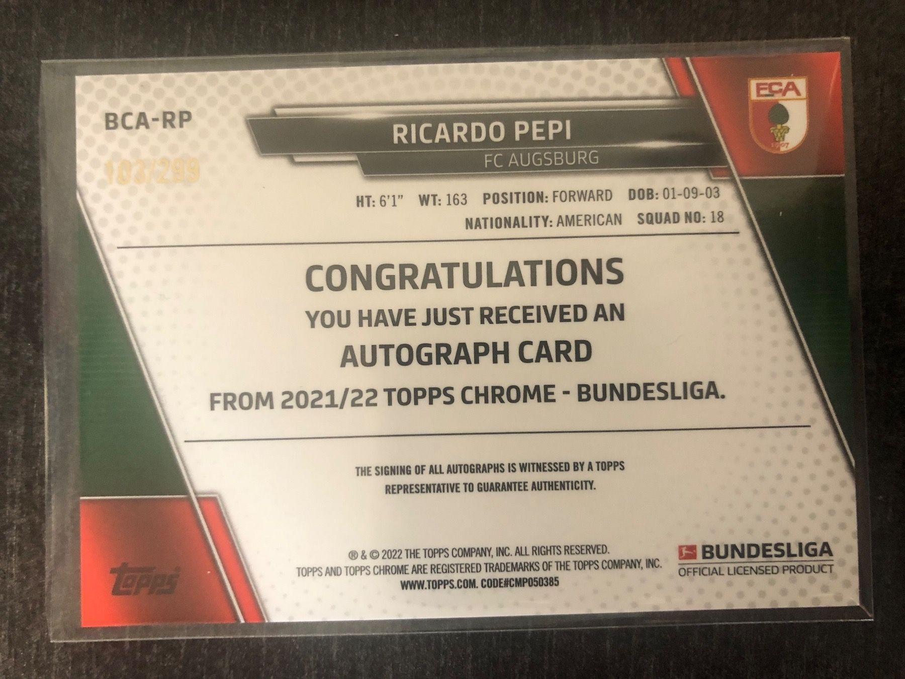 Panini Carte collezionabili: Topps Chrome Ricardo Pepi Autogramm 103/299 – Usato da Wangenried venduto da Garagara 1