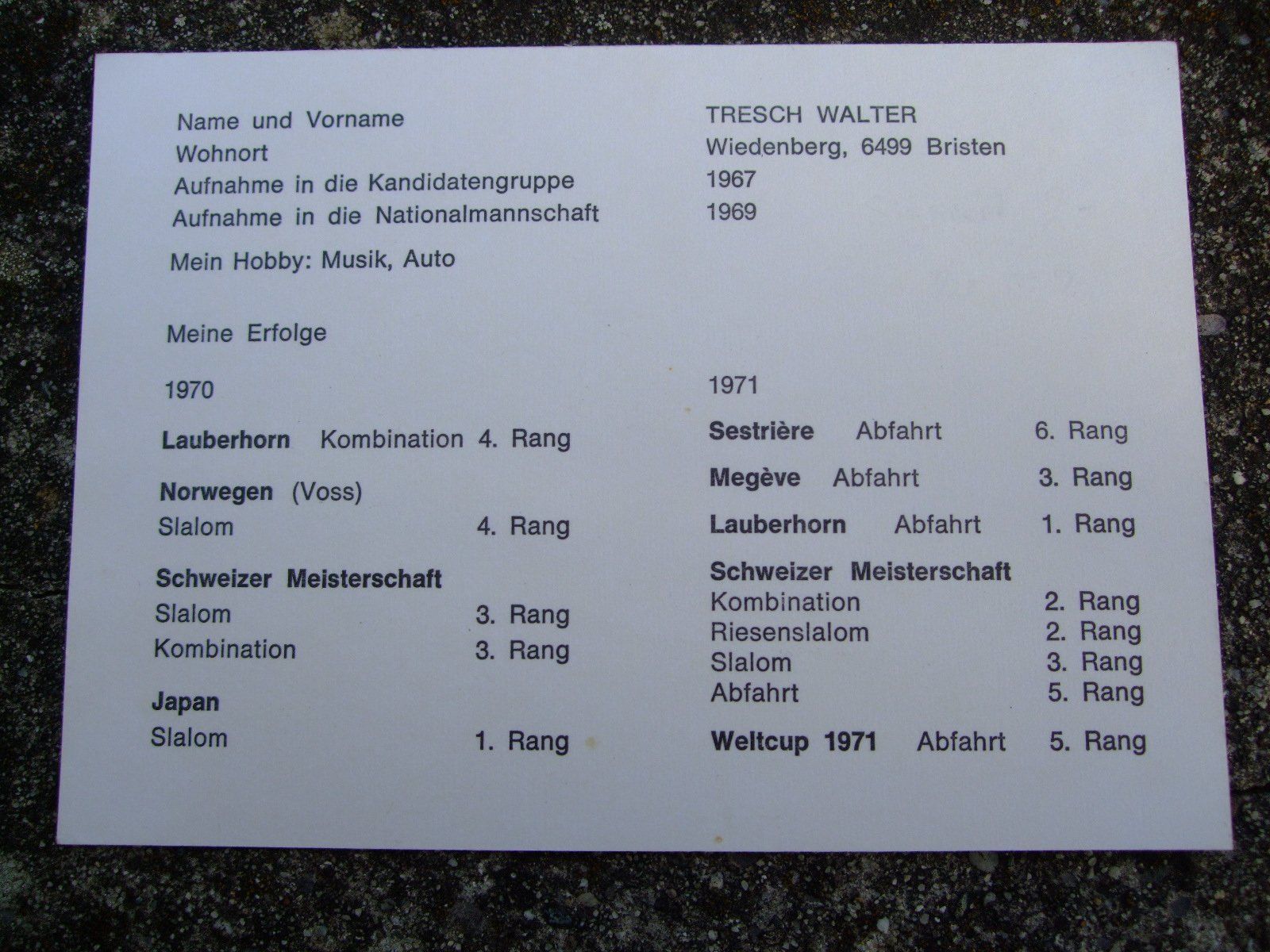 Autografi: WALTER TRESCH (CH) AUTOGRAMMKARTE TOP – Usato da Schachen b. Reute venduto da Dzestar 1