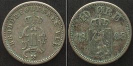 NORWEGEN 10 Ore 1898, OSCAR II. von SCHWEDEN Silber ss+