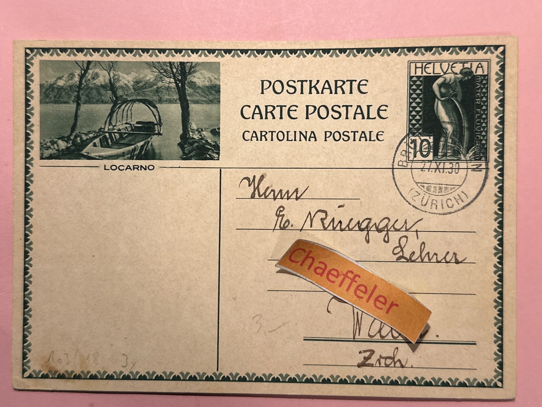 Cartoline postali: Postkarte Locarno 1930 – Usato da Zürich venduto da Chaeffeler