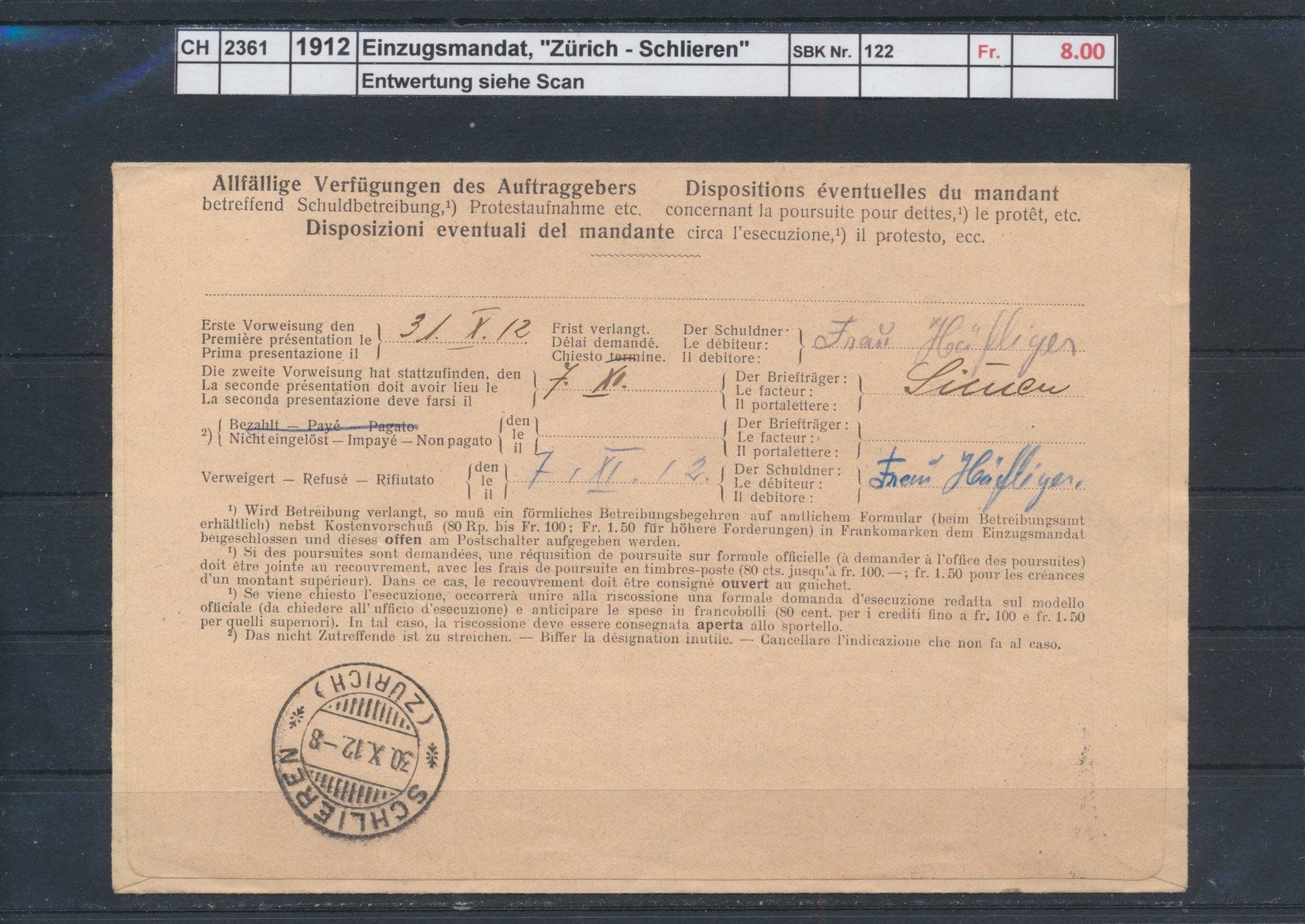 Tutti i francobolli: 1912 Einzugsmandat, "Zürich - Schlieren" – Usato da Winterthur venduto da Zupogeru 1
