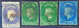 CEYLON 1857–1880: Defective Stamps, O, 3 photos