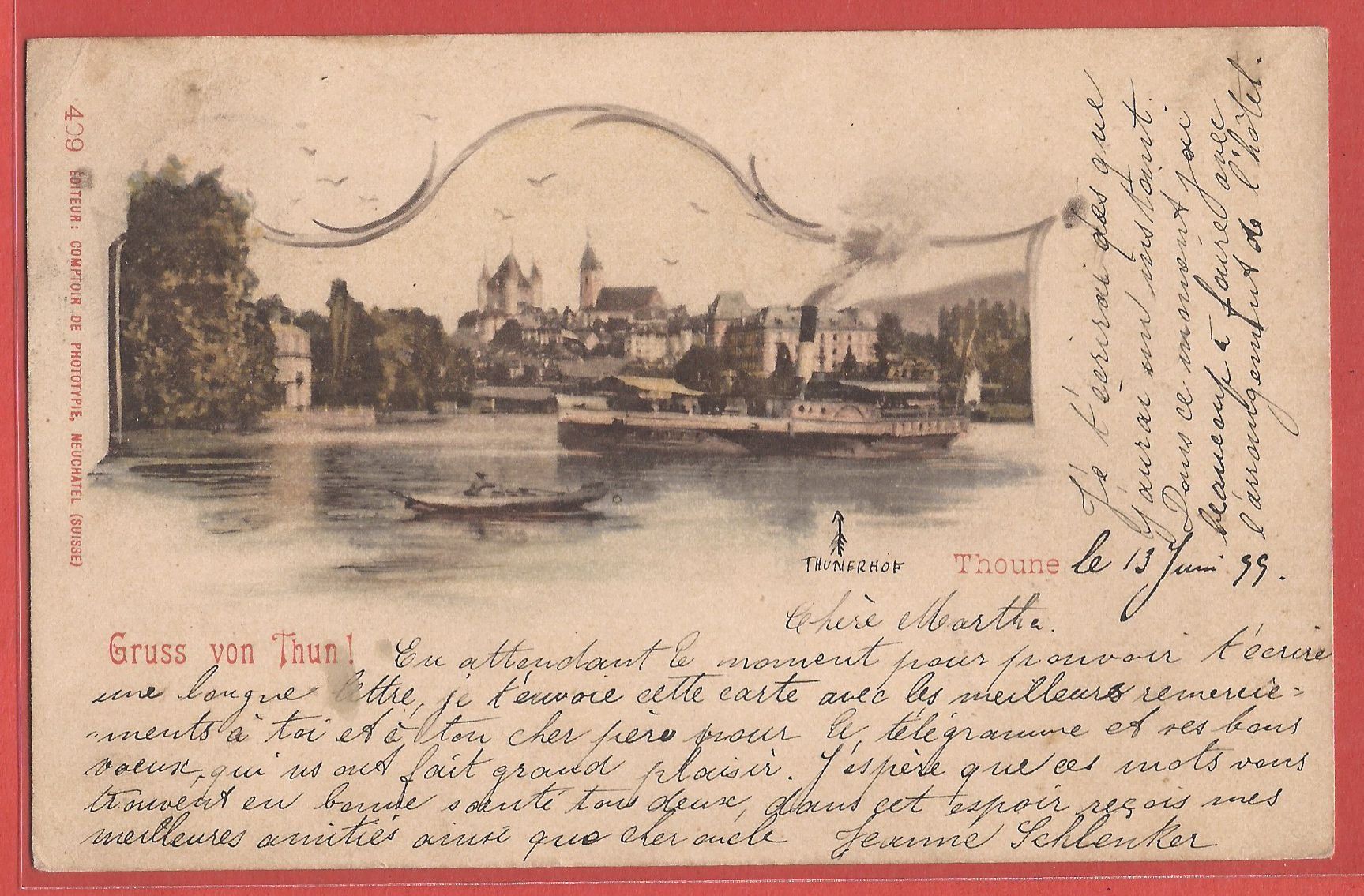 Cartoline postali: Thun mit Dampfschiff - Litho 1899 – Usato da Fislisbach venduto da Porano