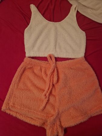 Pyjama Set Damen Kurz Grösse S Weiss/rosa Flauschig