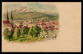 Lithographie Luzern, Panorama mit Pilatus