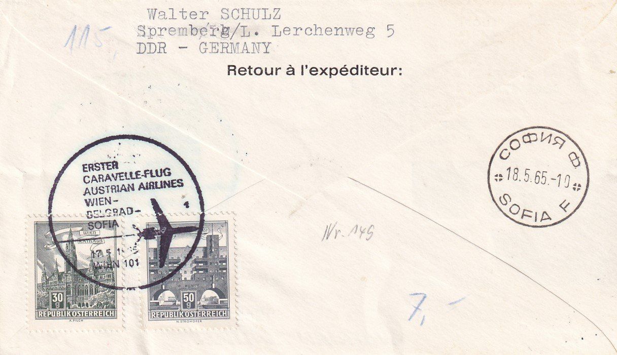 Alle Briefmarken: Erstflug AUA Caravelle Wien - Sofia 1965 – Gebraucht aus Baar von Asmara111 1