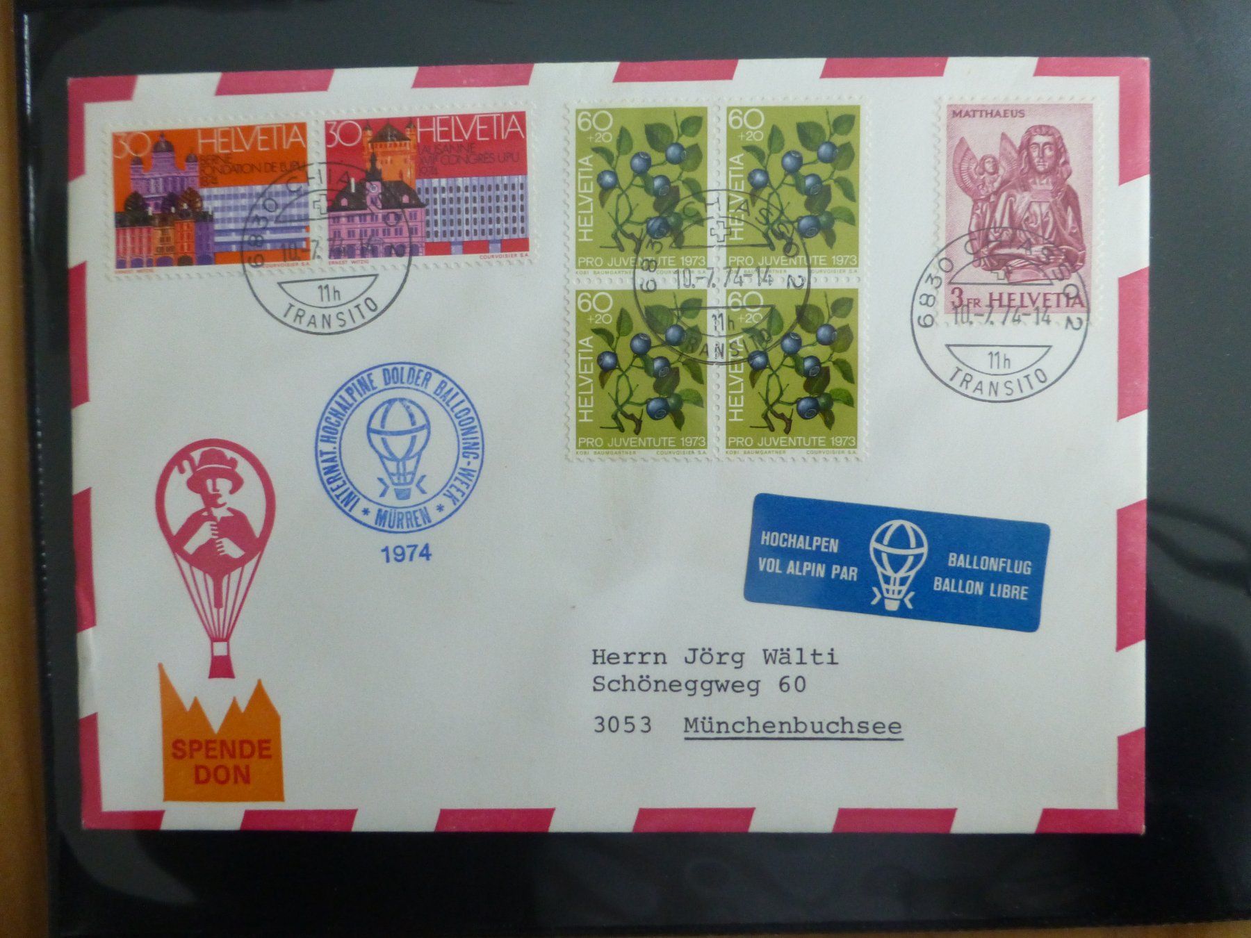 Alle Briefmarken: Pestalozzi Ballonflug 1974, Chiasso – Gebraucht aus Bettlach von 1saurer