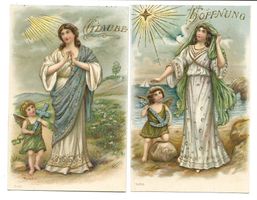 Glaube - Hoffnung - Kardinalstugenden  2 Präge-Litho um 1910