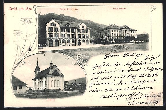 Cartoline postali: Arth am See, Kirche, Neues Schulhaus und – Usato da Berlin venduto da bartko-reher