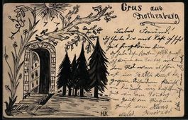 Handgemalt: Rothenburg, Portal und Tanne