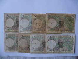 8x Banque de l'Afrique Occidentale 5 Francs Noten Konvolut