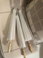 3 White Paper Parasols with Wooden Handles