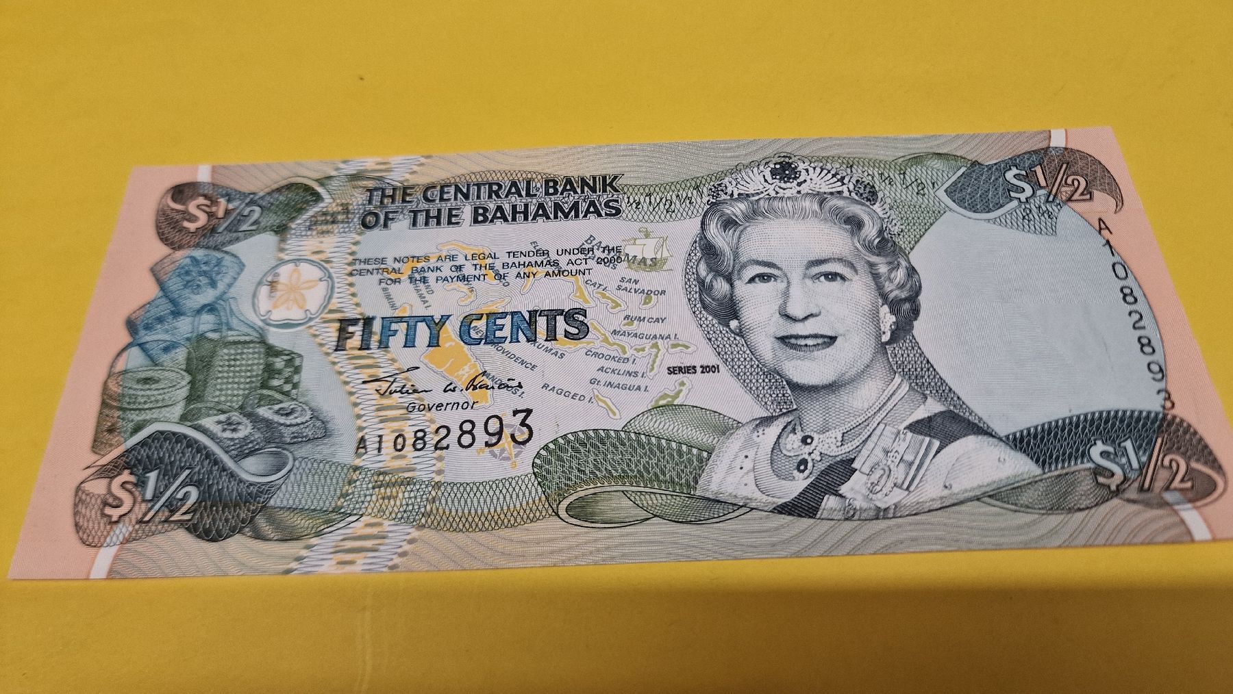 Banconote: Bahamas Banknote, 50 Cents, Serie 2001, – Nuovo e nell'imballaggio originale da Herisau venduto da Antiques.AR