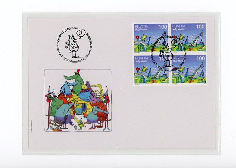Tutti i francobolli: Molly Monster 2016, Viererblock aus Markenheftchen – Usato da Utzigen venduto da sprint.007 1