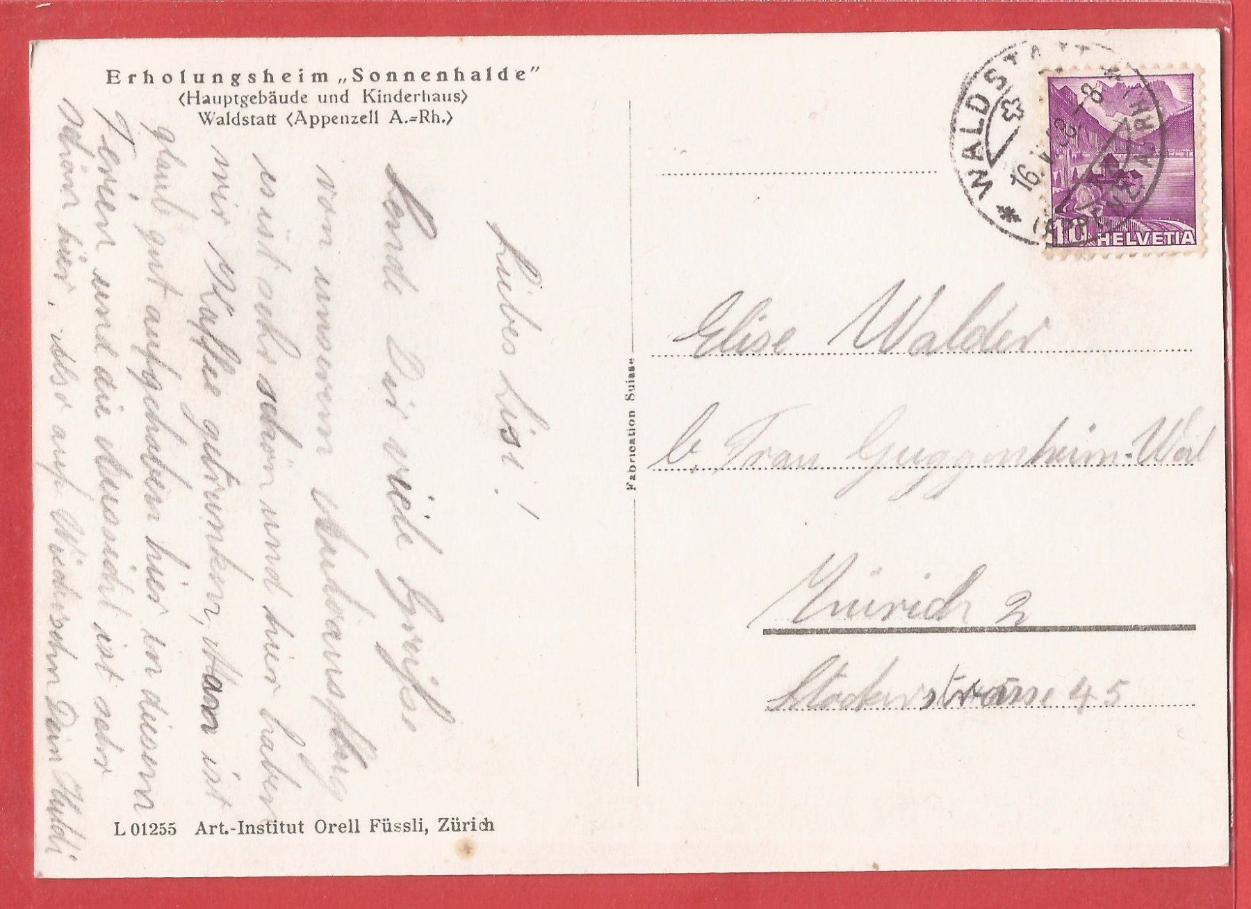 Cartoline postali: Waldstatt - Erholungsheim Sonnenhalde - 1938 – Usato da Fislisbach venduto da Porano 1