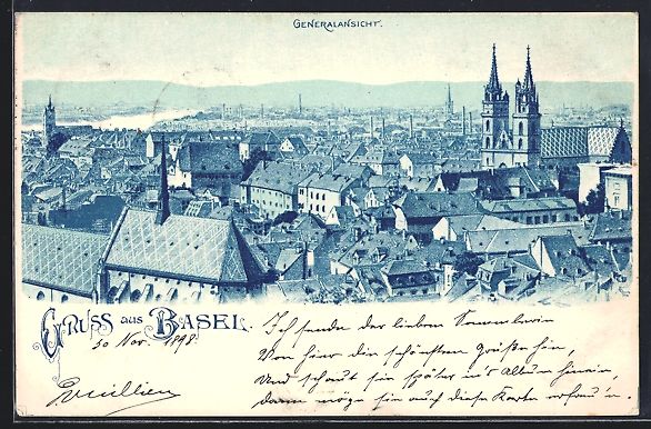 Cartoline postali: Litho Basel, Generalansicht mit Kirche – Usato da Berlin venduto da bartko-reher
