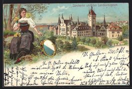 Litho Zürich, Frau in Trachten vor dem 