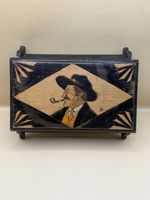Boîte à cigarettes Art déco bois marqueté homme pipe Vintage