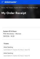 2 Tickets System of a down concert, Warsaw, 18/07/2026