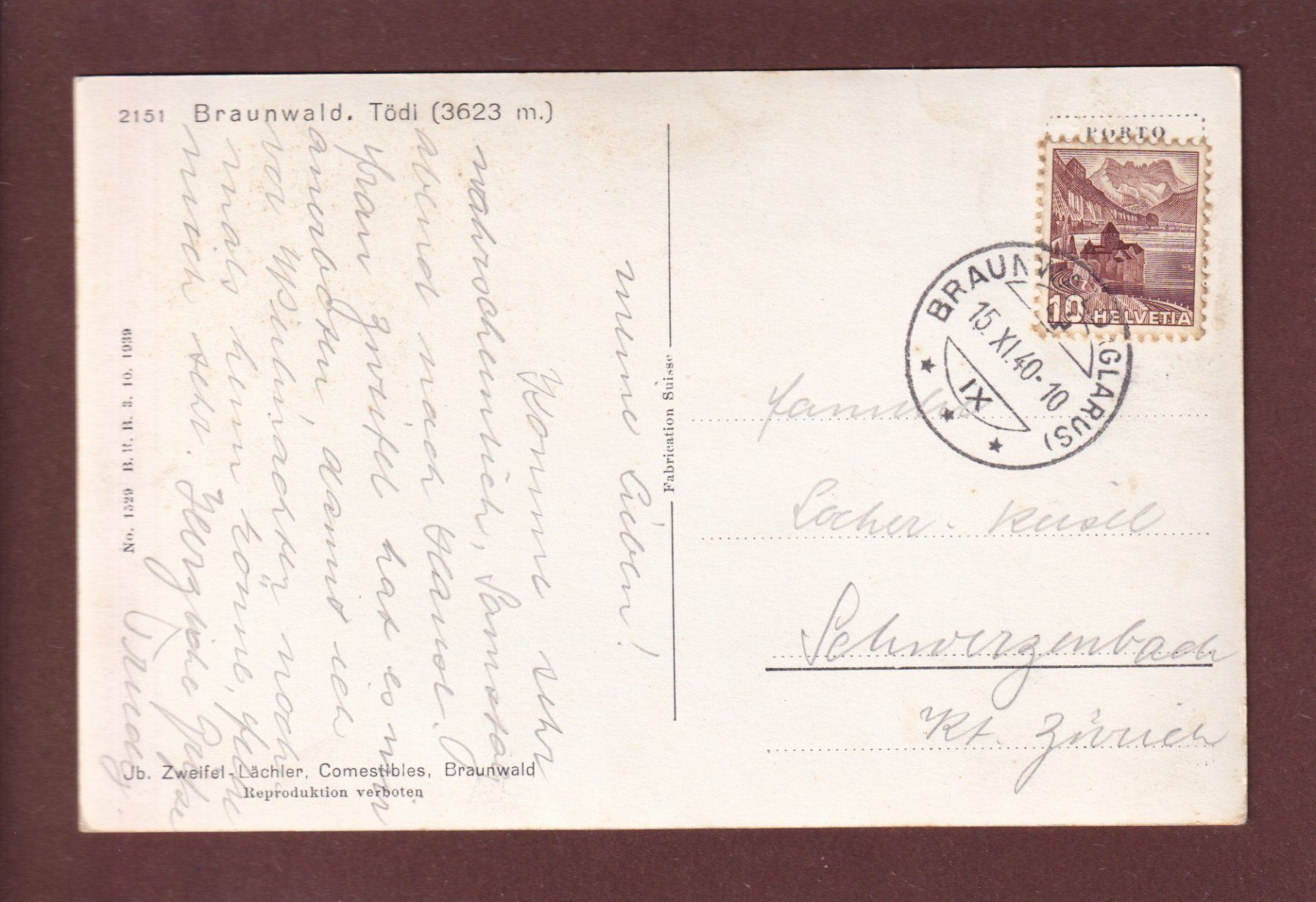 Cartoline postali: BRAUNWALD - Tödi - 1940 – Usato da Pully venduto da nicecards 1