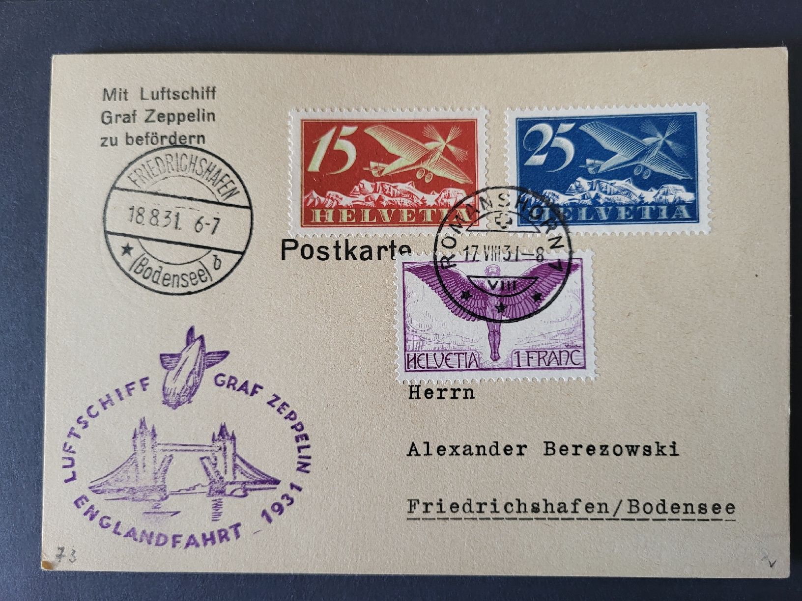 Tutti i francobolli: 1931, Postkarte mit Luftschiff Graf Zeppelin  – Usato da stäfa venduto da brandy66