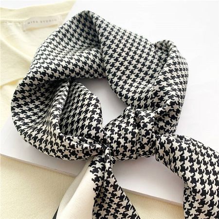 New 68cm Houndstooth Black and Cream Silk Scarf, Pure Silk