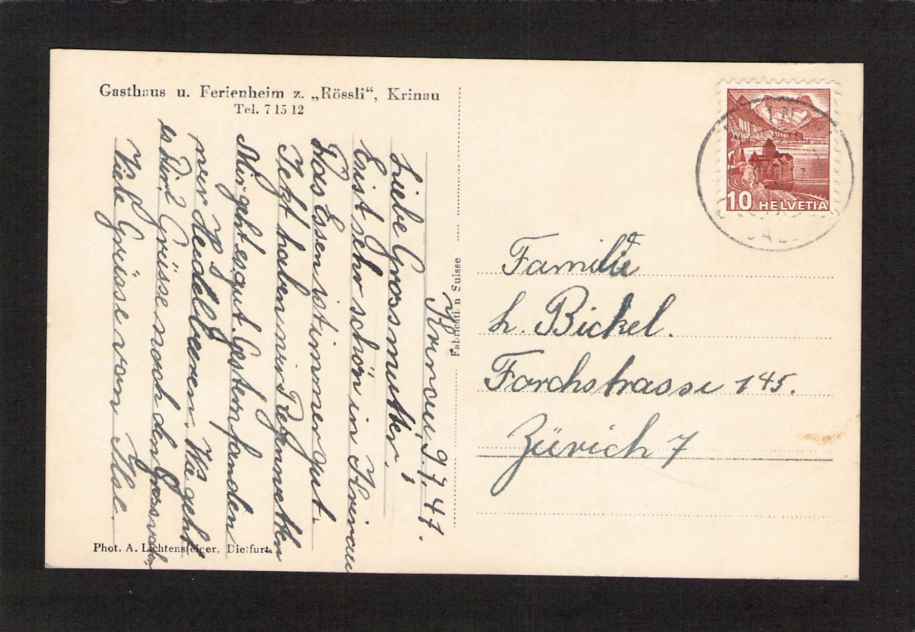 Ansichtskarten: Krinau SG , gelaufen 1947 – Gebraucht aus Reichenburg von Pipo-67 1