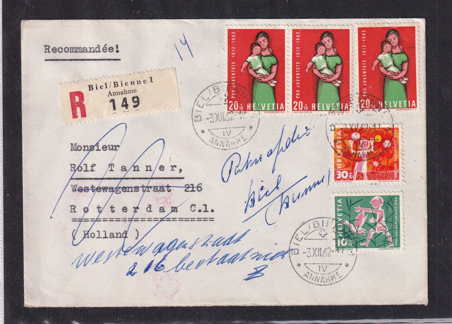 Alle Briefmarken: Recommandé - Biel-Bienne - 1962 - PJ - Holland – Gebraucht aus Orvin von Pyaeschli