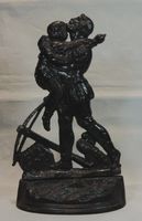 alte Figur Tell mit Kind und Armbrust aus Gusseisen