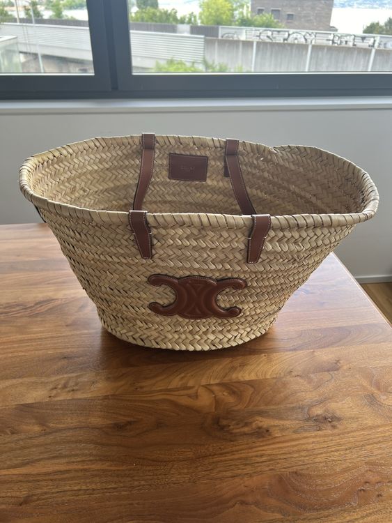 CELINE PANIER HOBO BAG 33 IN RAFFIA AND CALFSKIN LOGO WHITE