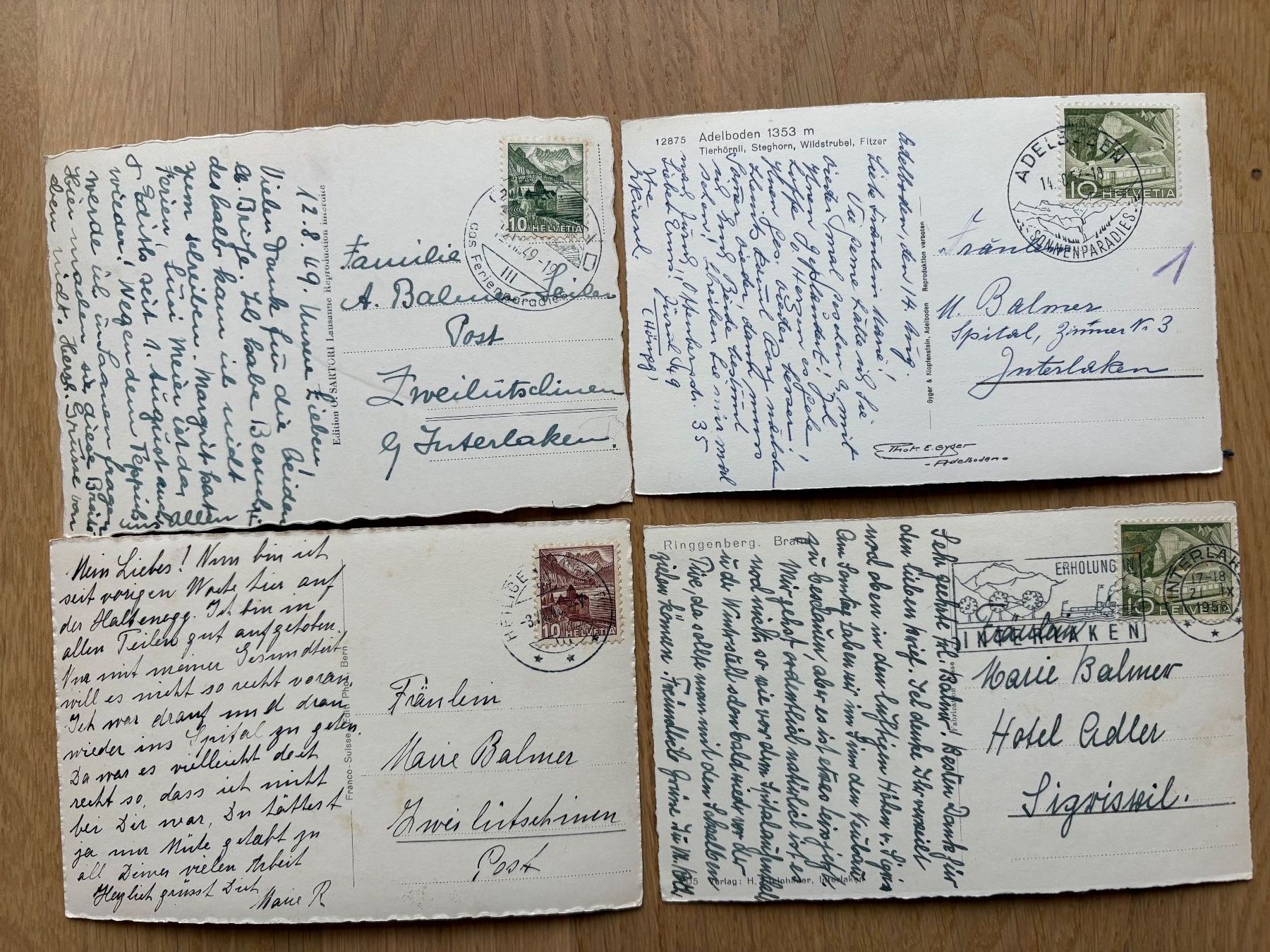 Cartoline postali: 4 Postkarten vom Berner Oberland, von 1948-1958 – Usato da Biel/Bienne venduto da TomBaBi 1