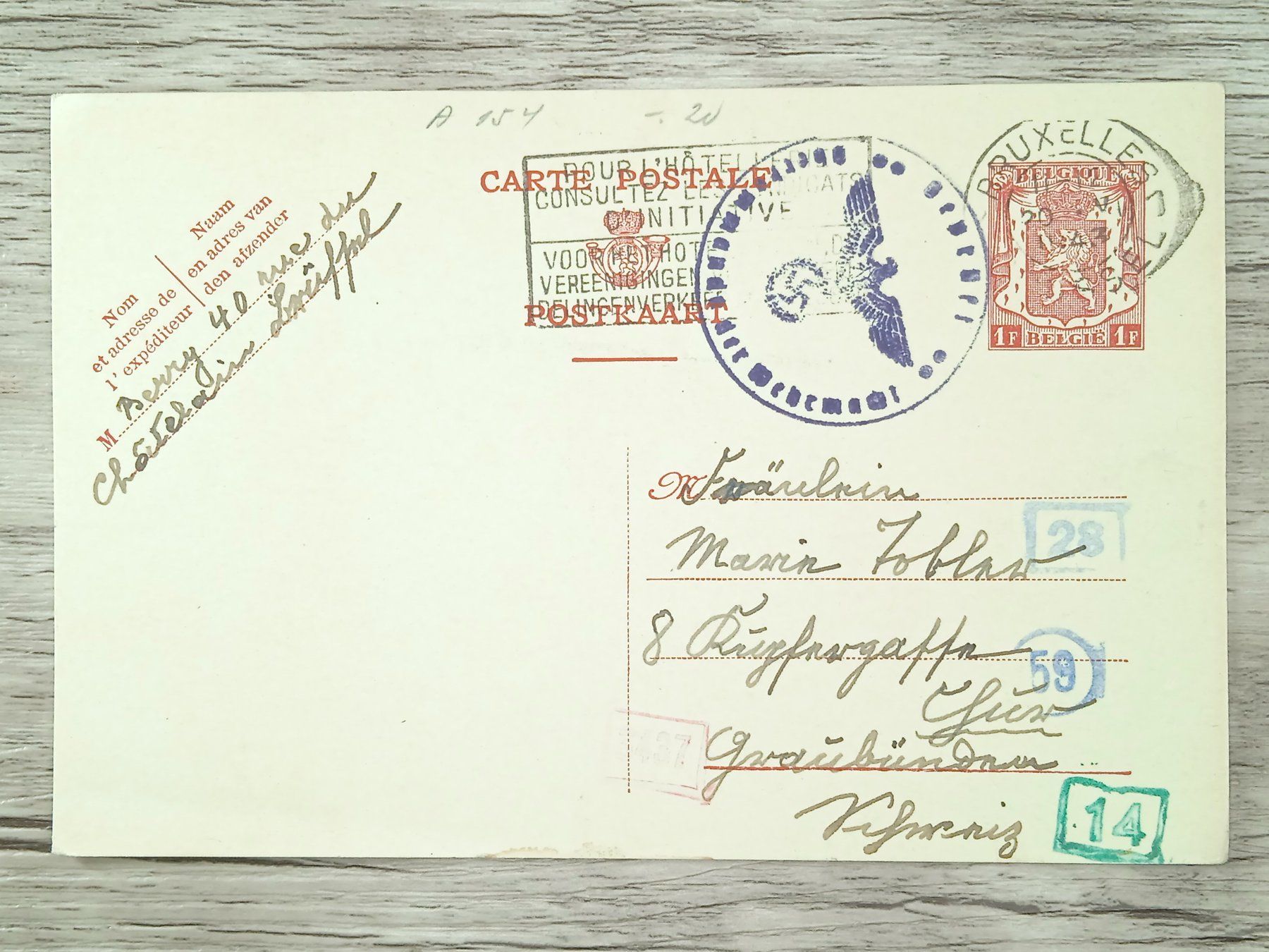 Tutti i francobolli: TR97 Carte Postale + Timbre Belgique 1943 – Usato da Cousset venduto da Patrick_Collections