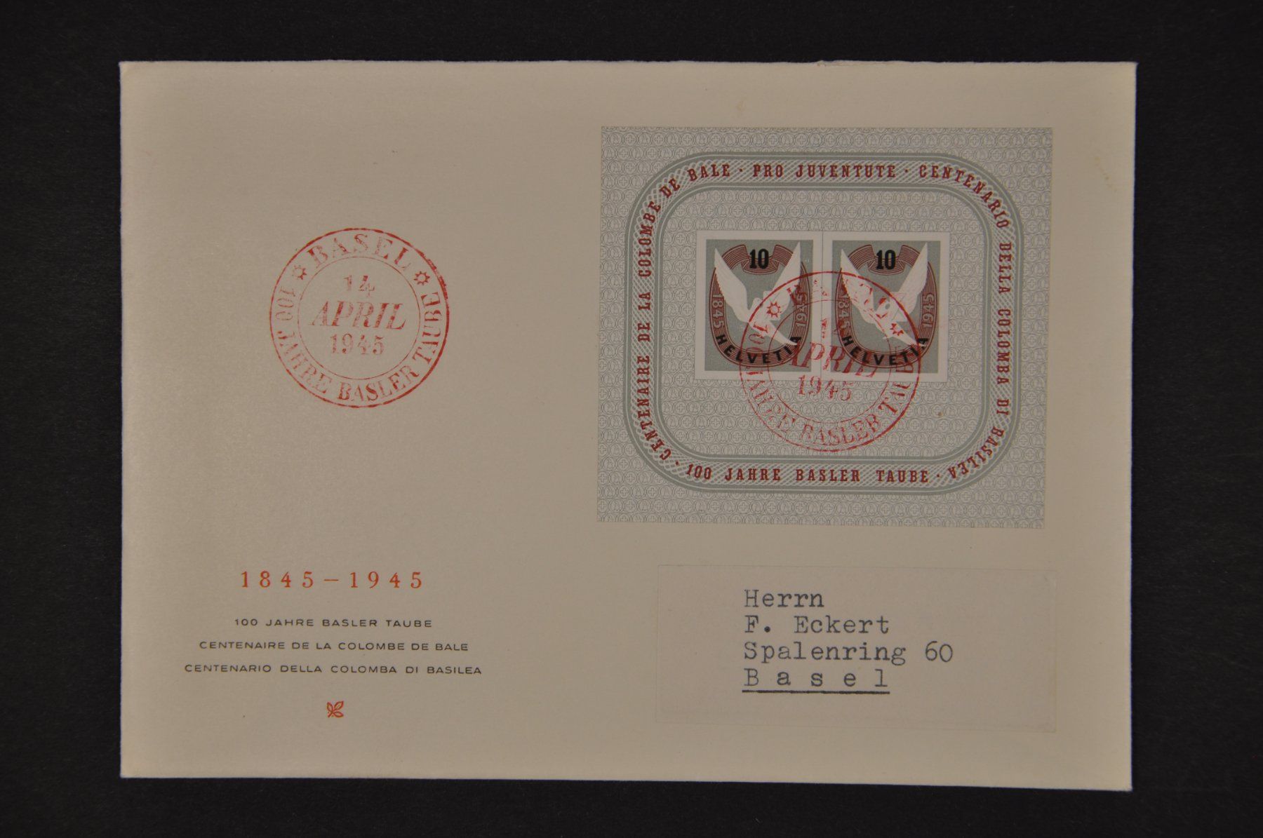 Tutti i francobolli: 1945 Block W23 FDC – Usato da Wolfhalden venduto da Zinauktion