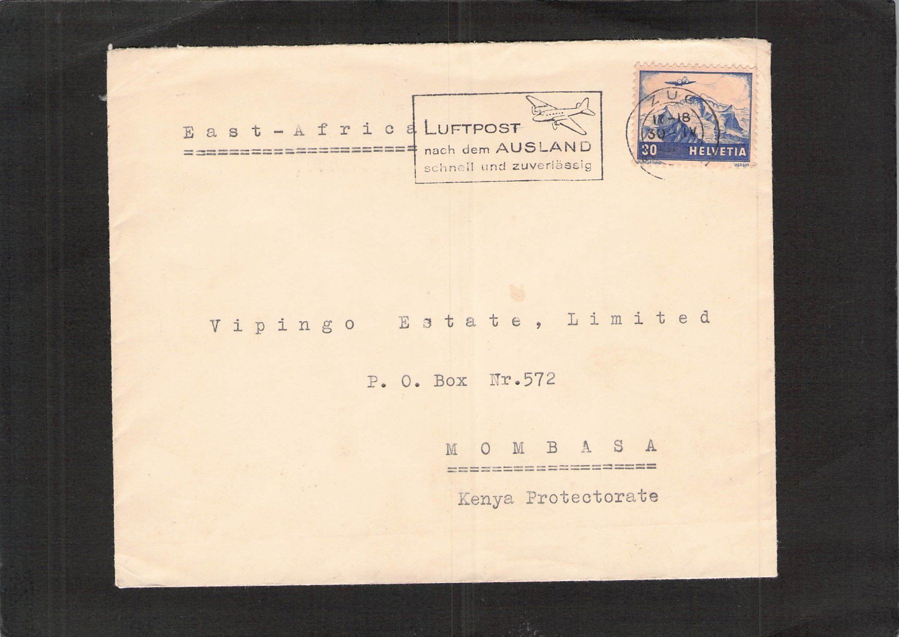 Tutti i francobolli: Flugbrief Zug - Mombasa (Kenya) – Usato da Reichenburg venduto da Pipo-67