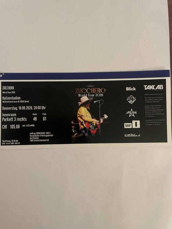 Zucchero Konzert Ticket, Hallenstadion Zuerich, 18.06.2026 (Neu (gemäss ...