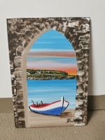 Bild Malerei Boot Felsentor Meer Sonnenuntergang handgemalt