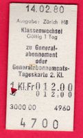 KARTON BILLETT, KLASSENWECHSEL, 1.KLASSE,AUSGABE ZÜRICH HB
