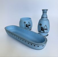 Art Déco Toiletten-Set 3-teilig Opalin Blaues Opalglas