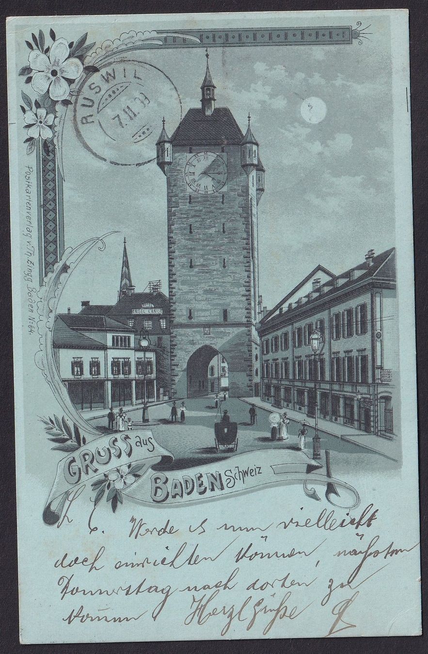 Cartoline postali: Baden Stadtturm Nacht-Lithografie – Usato da Olten venduto da clotaldi