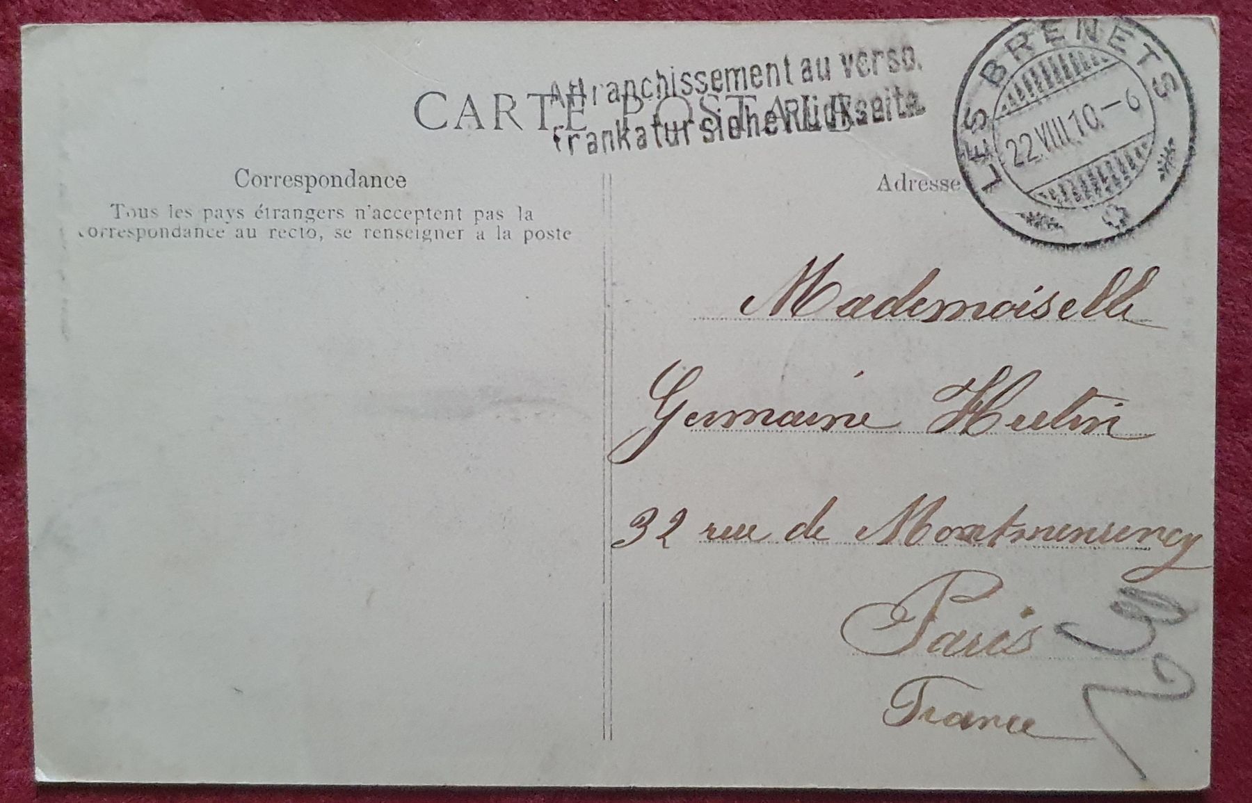 Cartoline postali: Les Brenets - Col des Roches, 1910 – Usato da Kreuzlingen venduto da Rschweiz1 1