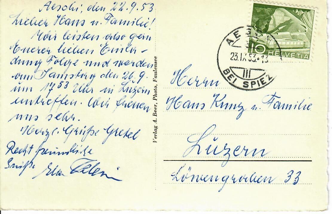 Cartoline postali: Aeschiried  1953 – Usato da Hochdorf venduto da Ziegel-16 1