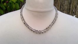 Collier perles toupies gris fumé, longueur 45/52cm, NEUF