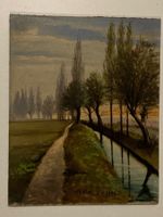O. Müller 1923 Landschaftsgemälde signiert mit Kanal, Weg
